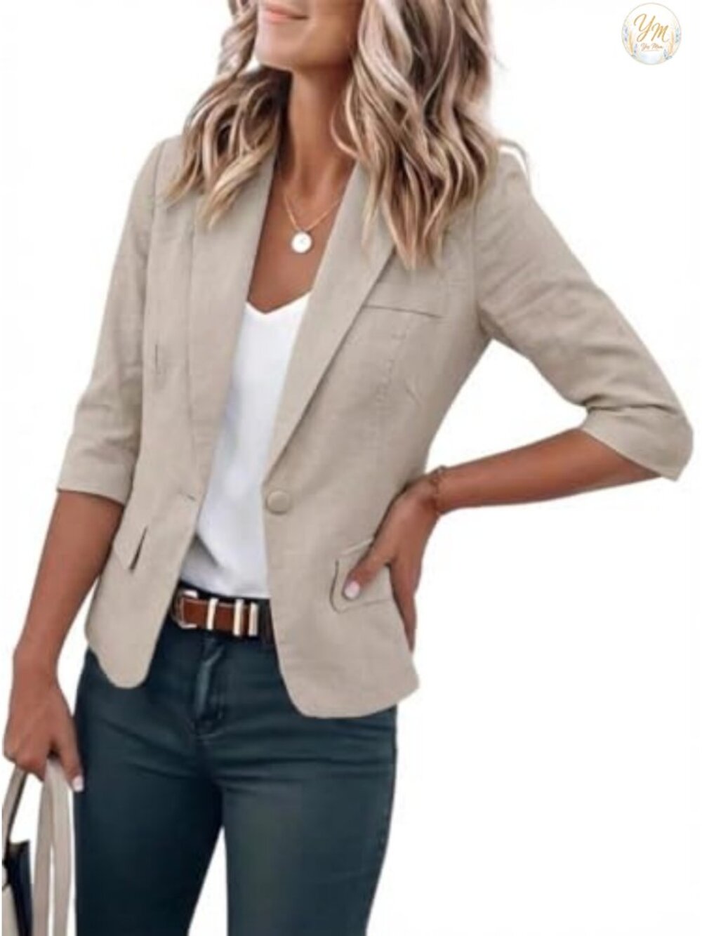Cropped Blazer for Women 3/4 Sleeve Notch Lapel Cotton Blend Spring